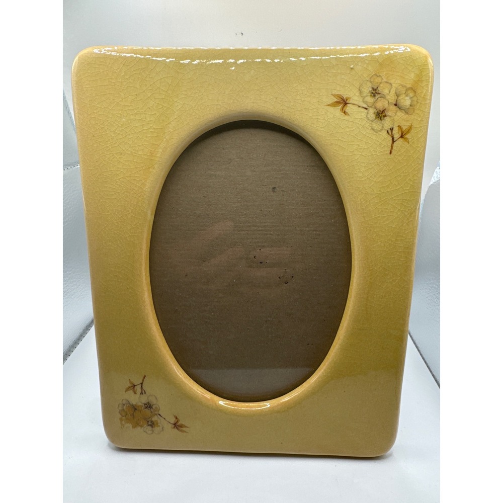 VTG Yellow Ceramic Crackle Glaze Floral Oval Picture Frame 8.5x6.75